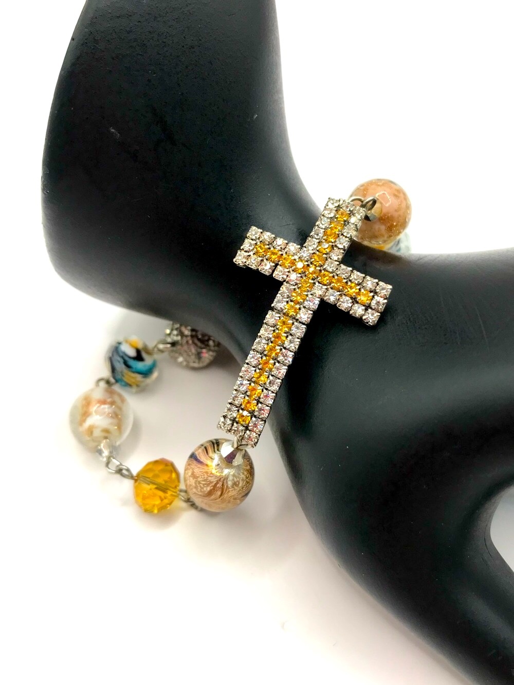 Yellow and Clear Rhinestone Cross & Glass Bead Bracelet